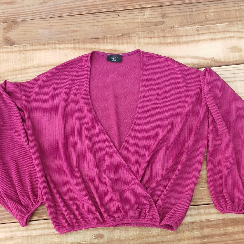 Vici Fuchsia Ribbed Wrap Blouse